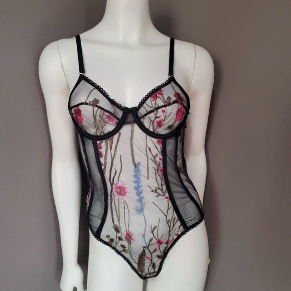 Floral Embroidery Sheer Mesh Teddy Bodysuit Lingerie - Picture 2 of 8